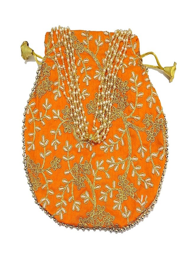 athizay 3 Pcs Potli bags (Orange,Rani,Baby Pink Potli bags Combo) for women handbags traditional Indian Wristlet with Drawstring Ethnic Embroidery Women Fashion Potli - Image 3